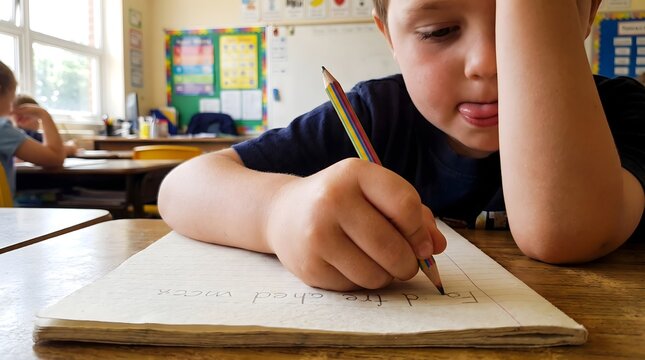 Focused elementary school boy writing in a notebook at his desk, concentrating hard with his tongue out. Authentic classroom learning, education, and child development concept