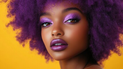 Fototapeta premium Confident young woman with vibrant purple afro, glittery purple eyeshadow and bold purple lipstick, glowing skin and sultry gaze against a warm yellow background