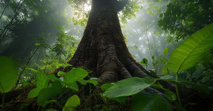 moss-covered massive tree trunk and buttress roots surrounded by lush green undergrowth, mist, and sunbeams in a tranquil tropical rainforest