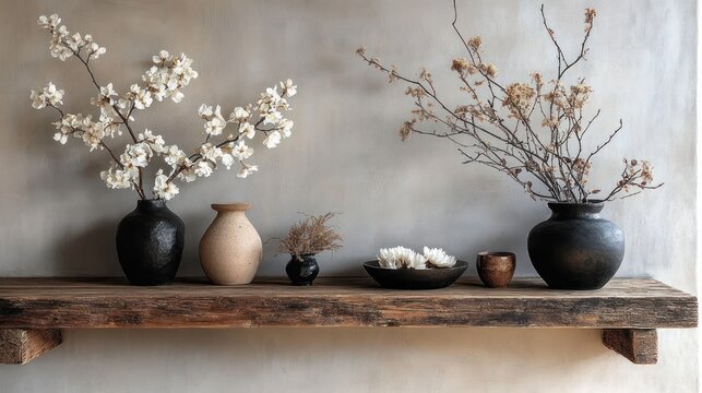serene minimalist still life on a rustic wooden shelf with ceramic and clay vases, blossoming branches, dried twigs, shallow bowl of white flowers and a small cup against a neutral textured wall