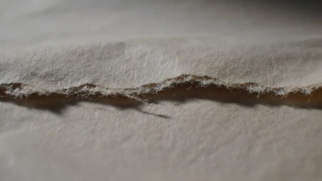 Close up view of two torn pieces of beige paper with jagged edges and a dark background with light reflections