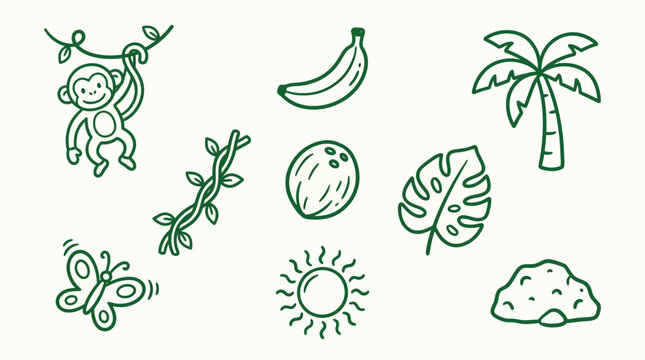 Collection of simple cartoon jungle icons including a monkey, banana, coconut, palm tree, butterfly, and sun.