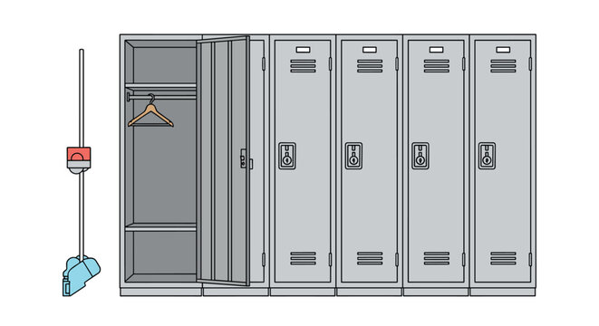 Row of gray metal school lockers with one open door showing a hanger and a cleaning mop standing nearby on white.