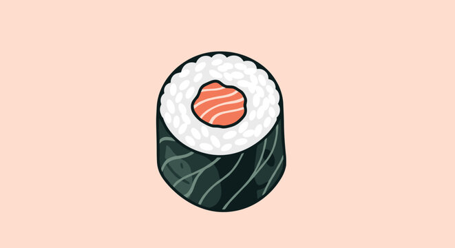 Single piece of fresh salmon maki sushi roll wrapped in dark seaweed isolated on a soft pink background design.