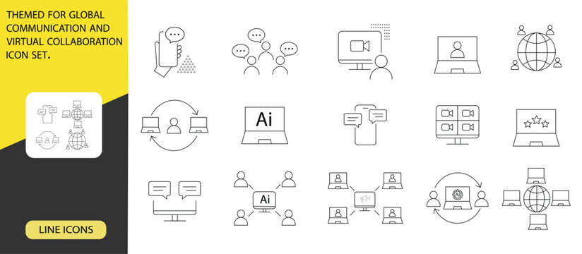 Global communication line icons set. Modern global communication and virtual collaboration line icon collection featuring video conferencing, online meetings, AI collaboration, remote teamwork etc.