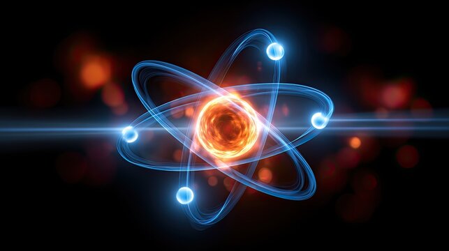 Abstract glowing atomic model with fiery nucleus and orbiting electrons