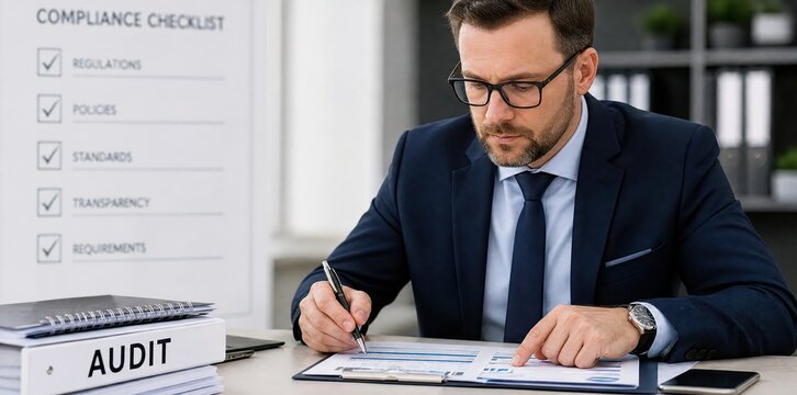 Generative AI, Auditor reviewing compliance checklist and financial documents