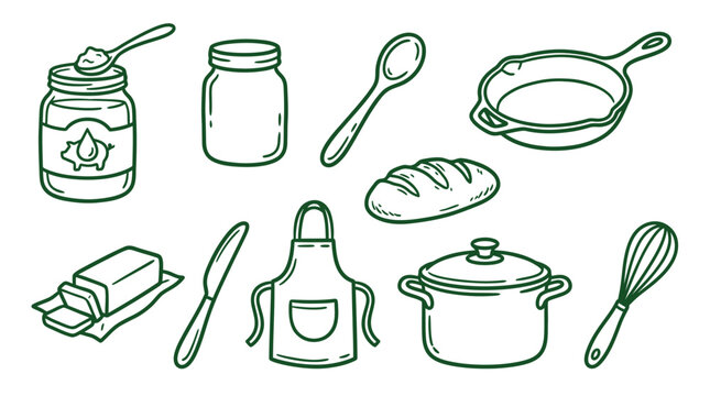 Collection of hand-drawn kitchen and food-related items, including cooking utensils and ingredients.
