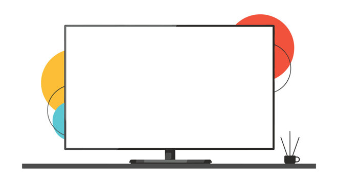 Modern flat screen television on a table stand with decorative abstract geometric background elements.