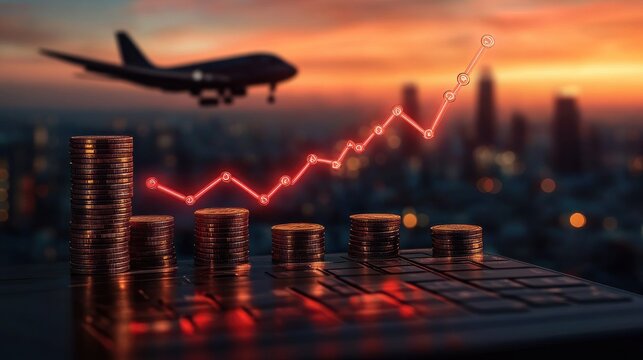 stacked coins on a calculator with a glowing red upward chart line and airplane flying over a blurred city sunset, conveying financial growth and optimistic momentum