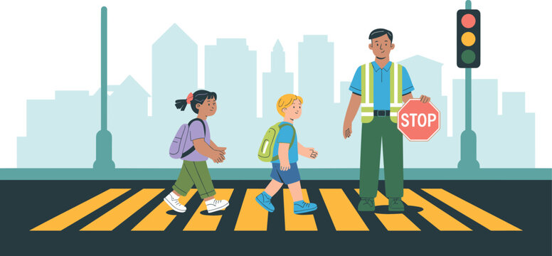 School children crossing crosswalk road safely with traffic guard holding stop sign vector illustration scene