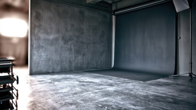 Empty studio with concrete floor, textured wall, and backdrop