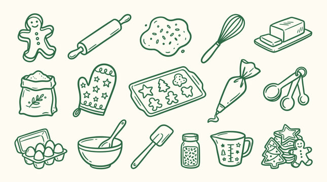 Collection of hand-drawn Christmas baking ingredients and tools, including gingerbread men, cookie cutters, and baking supplies.