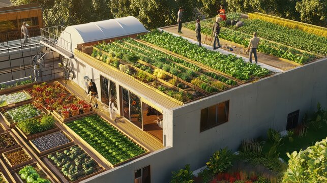 Gardeners tend to a flourishing urban rooftop farm featuring raised vegetable beds and lush greenery on a modern building structure during a sunny day.