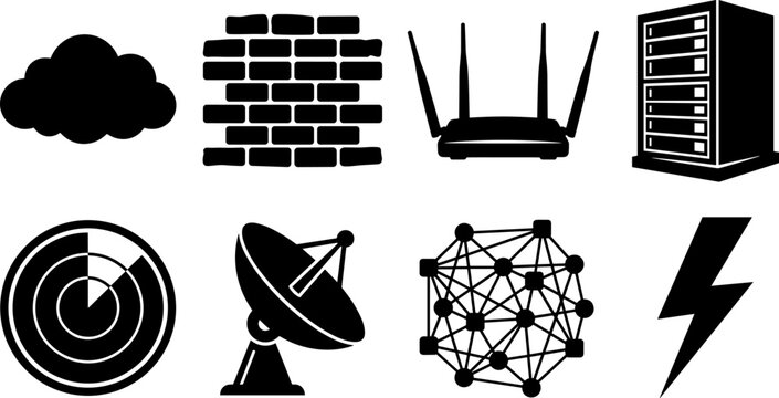 Network infrastructure, cloud computing, and communication technology solid black vector icon collection