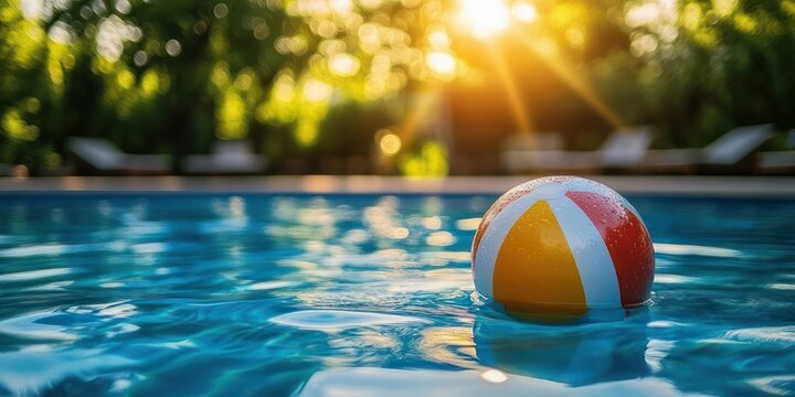 Colorful beach ball floating in a sunlit pool with water ripples, droplets on the ball, blurred lounge chairs and warm golden-hour glow conveying relaxed summer playfulness