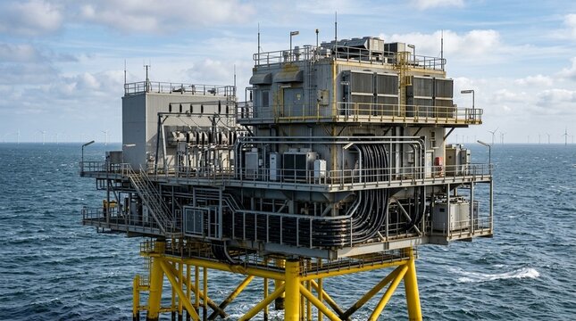 Wind farm offshore substation platform close view of topside module on monopile jacket showing transformer building switchgear and cable connections