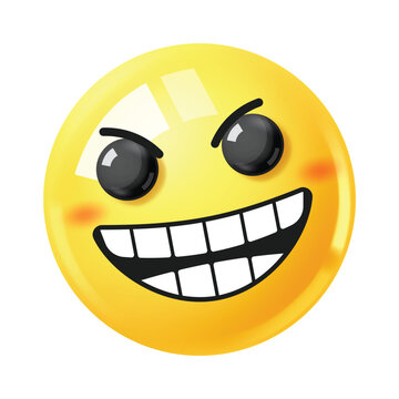 Grinning emoji face clipart character. 3d glossy emoticon with broad smile, smirk, malicious, sneaky, and evil smile facial expressions. Vector illustration. 
