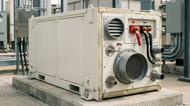 Sodium-sulfur NaS battery high temperature battery unit in insulated housing exterior showing thermal management ports and electrical terminals