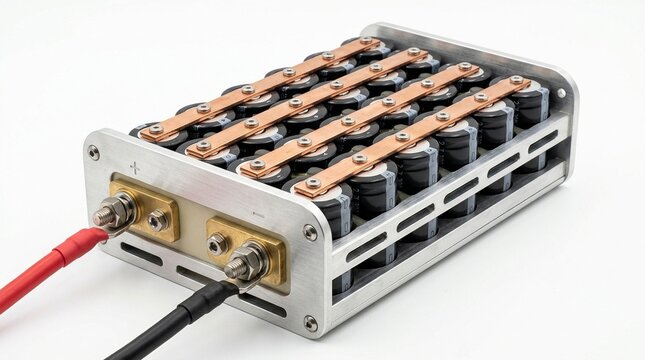 Supercapacitor ultracapacitor module cylindrical capacitor cells in parallel in aluminum module with terminals photographed on white background studio two LED