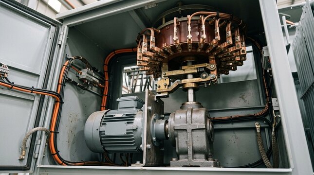 Power transformer tap changer motor drive mechanism under tap changer compartment showing OLTC drive motor gearbox and selector barrel mechanism