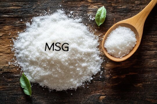 pile of white crystals labeled MSG on a rustic wooden table with a wooden spoon of crystals and green herb leaves, evoking an inviting savory kitchen mood