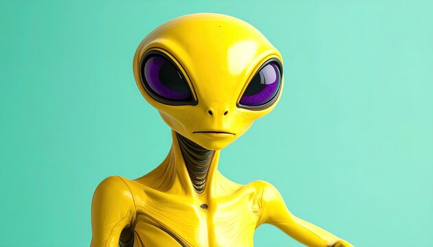 Close-up of a Yellow Alien with Large Purple Eyes and a Turquoise Background.