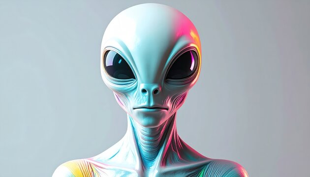 Close-up of a futuristic alien with large black eyes and a pale skin tone.