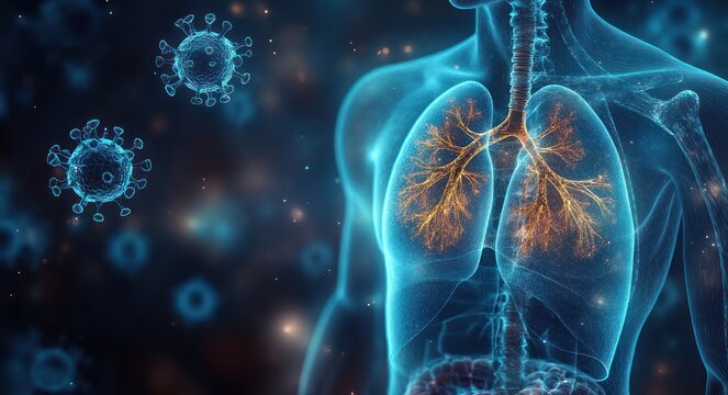 translucent human torso showing glowing bronchial tree and inflamed lungs with floating virus particles conveying urgent respiratory threat