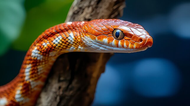 Vibrant orange corn snake with intricate patterns coiled on a textured dry branch showcasing detailed scales and piercing blue eyes in a natural shallow depth of field setting