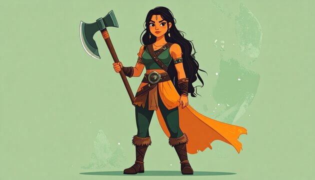 Viking Woman Warrior with Axe - Fierce and Courageous Female Character Illustration.