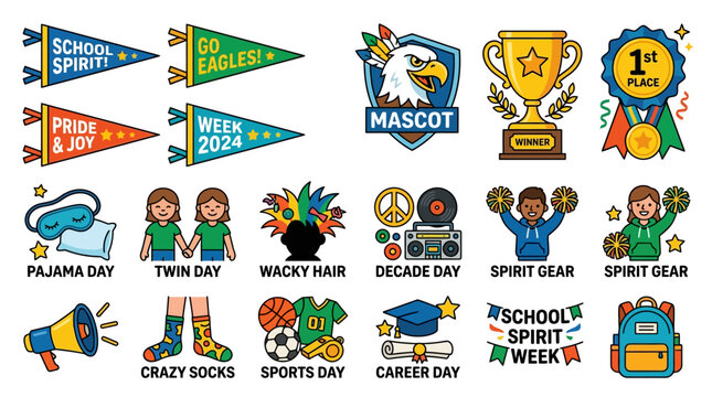 A vibrant collection of school spirit week stickers featuring various icons and characters