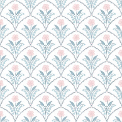 Floral pattern with fish scale geometry, seamless background for textile and packaging design. © kapuk's
