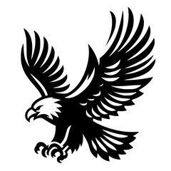 Fototapeta premium Black and white vector illustration of a majestic eagle flying with outspread wings and sharp talons, captured in a clean graphic silhouette style. Isolated on a white background.