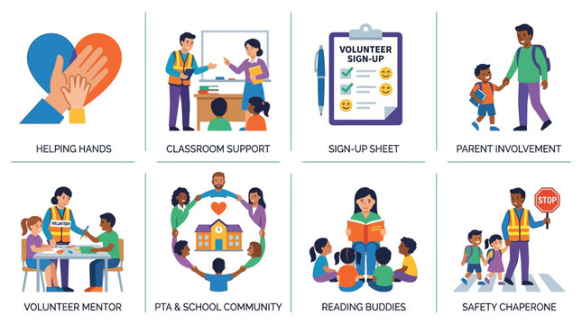 Volunteers engage with students in classroom setting for educational support activities