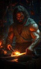 Fototapeta premium Muscular blacksmith in rugged apron hammering glowing hot metal on an anvil in a dim workshop with hanging chains and tools, sparks flying and intense focused determination