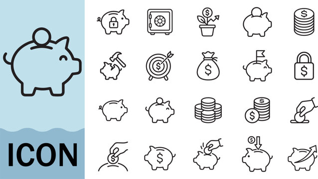 Piggy bank icon set for saving money and financial planning