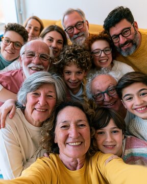 Large multi-generational family taking a joyful group selfie together, smiling and laughing in a sunlit living room for togetherness and lifestyle imagery