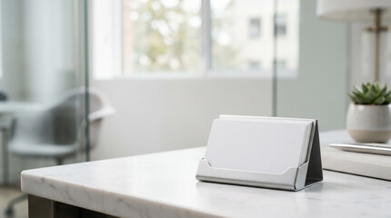 Fototapeta premium Minimalist Blank Business Card Holder Displayed on a Modern Marble Desk in a Bright Contemporary Office Workspace