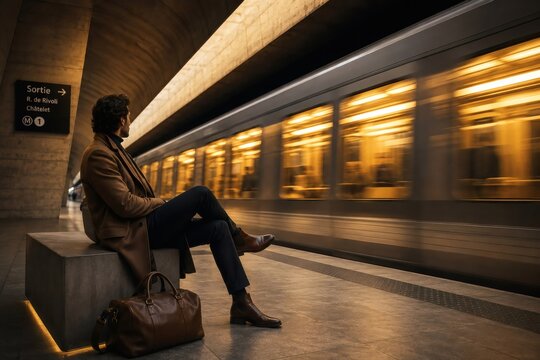 Urban transit moment in Paris metro station with contemplative passenger and fast moving train blur