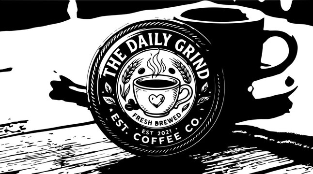 Coffee cup logo on wooden table with coffee shop branding
