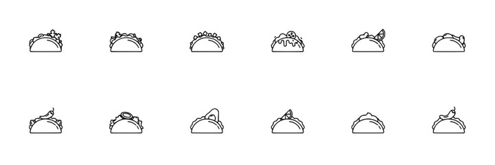 Fototapeta premium Tacos, a Collection of 16 Black and White Vector Icons of Different Taco Designs Featuring Food, Mexican, Illustration with Icon