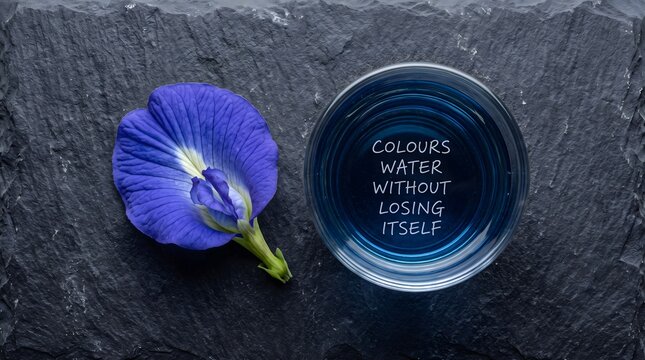 A single blue butterfly pea blossom beside infused water, symbolizing the quiet strength of imparting beauty and influence while remaining entirely true to one's core essence.