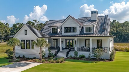 Fototapeta premium bright white two-story modern farmhouse with metal roof, wraparound porch, front steps, palm trees and manicured green lawn under blue sky with fluffy clouds, serene and inviting