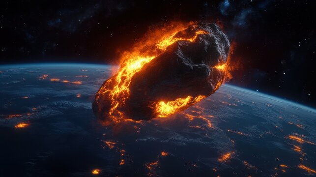 Fiery molten asteroid blazing toward Earth over glowing city lights, dramatic molten cracks and an ominous sense of imminent impact