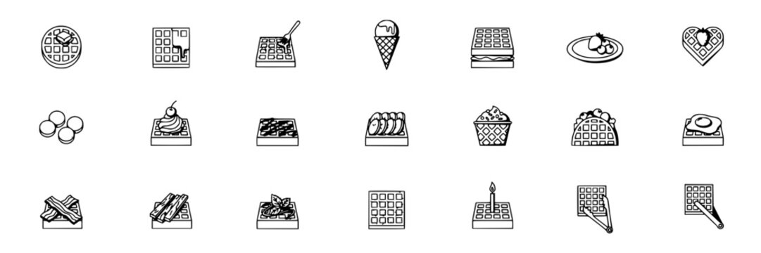 Waffle Icons Black and White Vector Illustration Set of Assorted Food Desserts Pastries in Simple Line Style