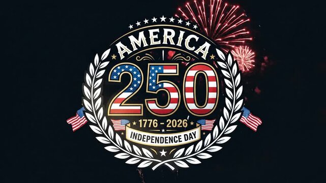 America 250th Anniversary Logo Animation with Fireworks Background