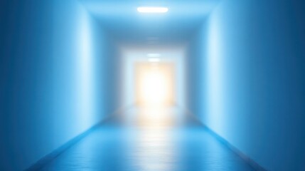 Fototapeta premium long blue corridor with overhead lights, reflective floor and a bright glowing exit at the vanishing point, soft-focus minimal interior evoking calm mystery and hopeful escape