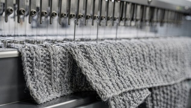Closeup on industrial knitting machines weaving 2x2 rib textures showcasing detailed fabric formation for highquality cuffs and collars in a streamlined process.