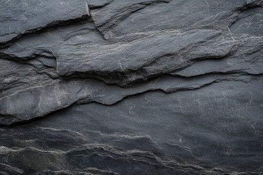 Layered dark slate rock with fine mineral veins, fissures and rugged textured surface expressing a moody natural calm